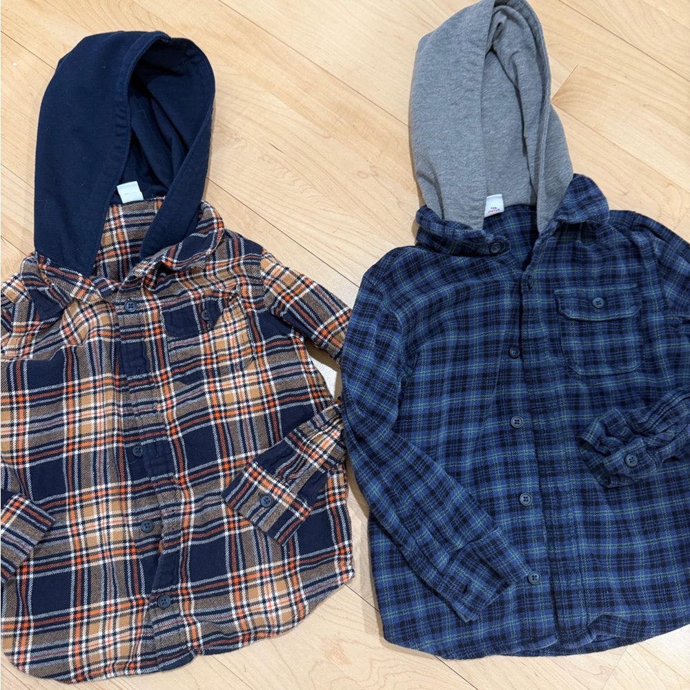 Old Navy Kids Plaid Hooded Shirts - Navy, Orange, and Gray